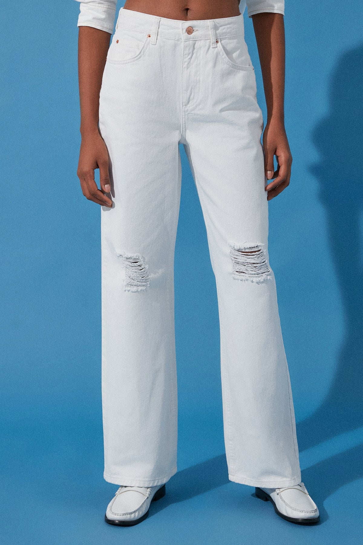 White Ripped High Waist Wide Leg Jeans Twoss24je00166