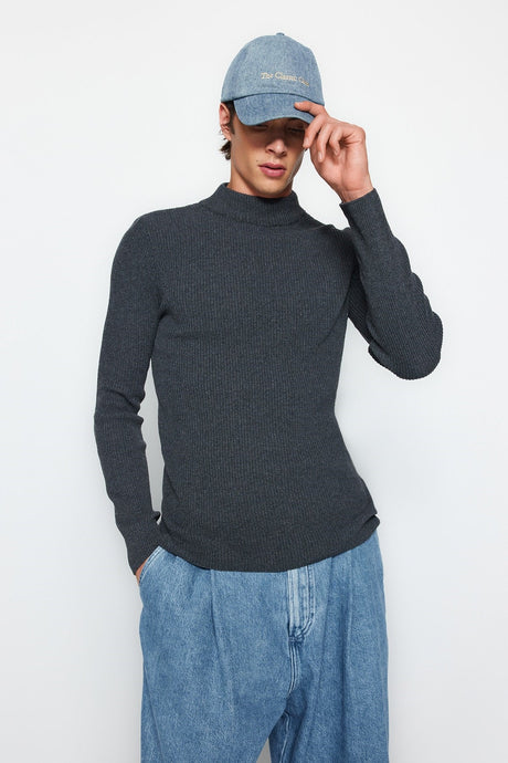 Black-indigo Men's Fitted Narrow Half Turtleneck Rubber Knit 2-piece Pack Knitwear Sweater Tmnaw22kz