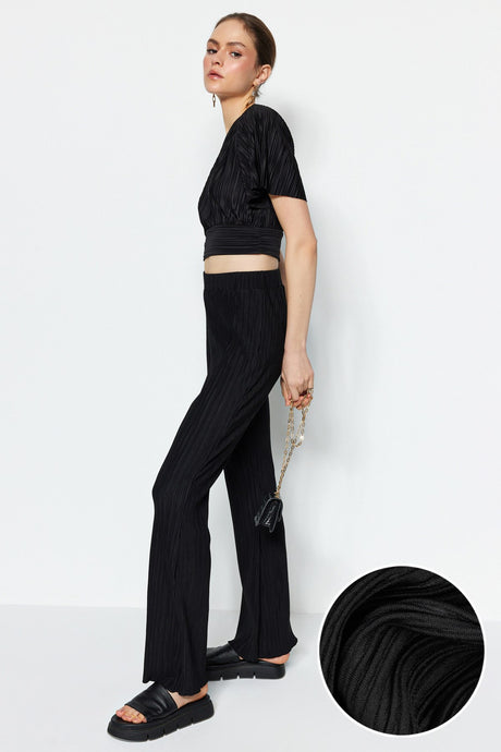 Black Pleated Flare/spanish Leg High Waist Knit Pants Twoss23pl00115