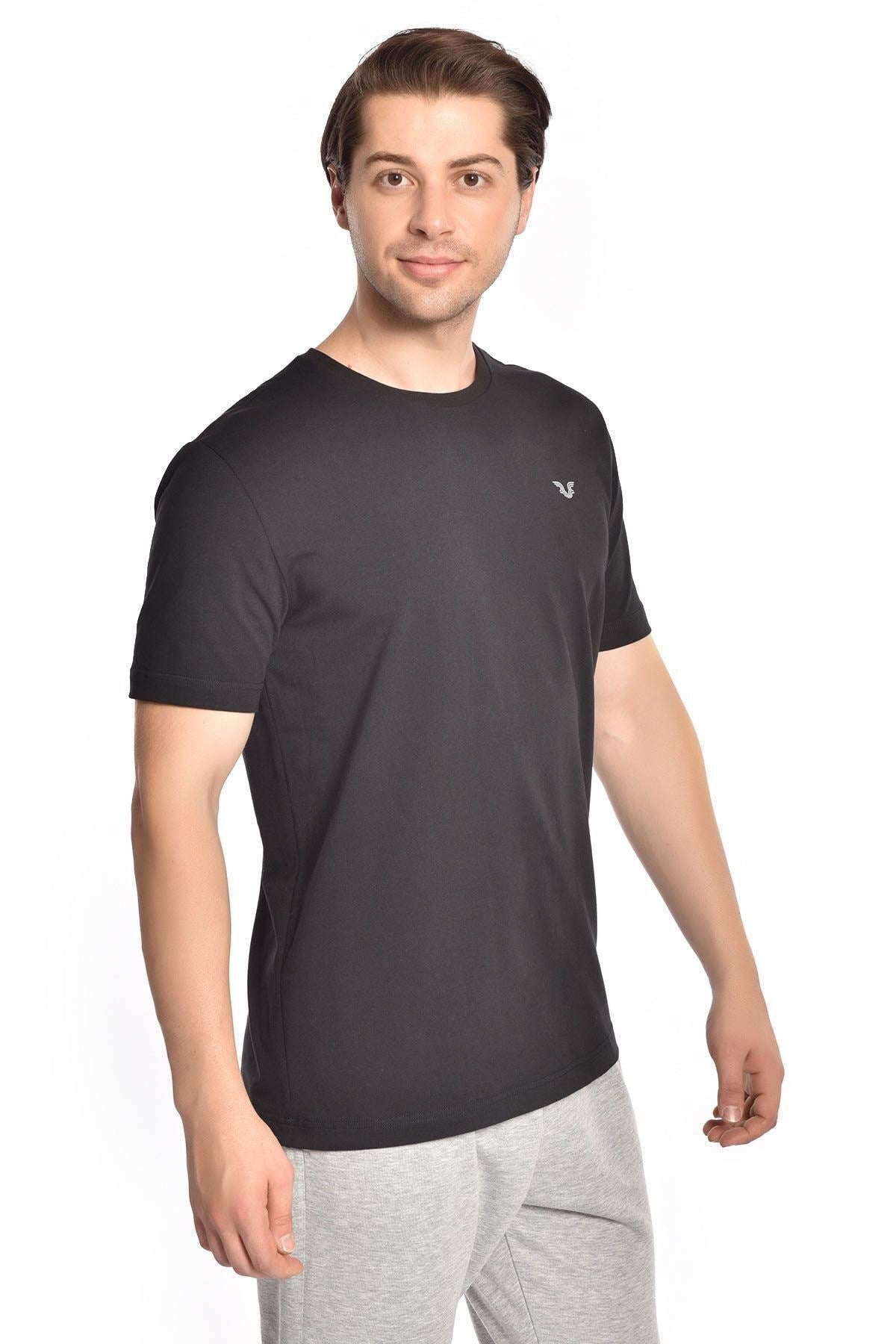 Black Men's Crew Neck 100% Cotton Solid Color Short Sleeve Basic Casual And Sports T-shirt 8766 Tb21