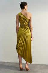 Light Green Asymmetric Knitted Pleated Detailed Satin Evening Dress Evening Dress Tprss23el00557