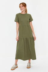 Khaki Ruffle Short Sleeve Knitted Maxi Dress Twoss24el00132