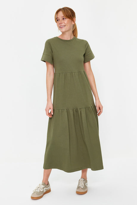 Khaki Ruffle Short Sleeve Knitted Maxi Dress Twoss24el00132