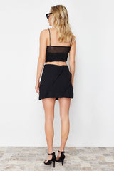 Black Chiffon Fabric Ruffle Detailed Mini Length Woven Skirt Twoss24et00131