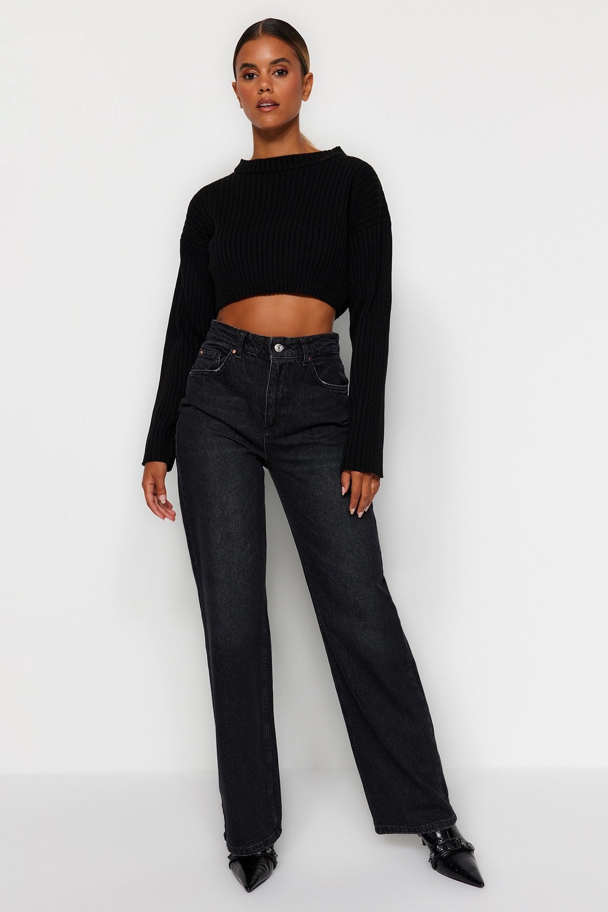 Black High Waist Wide Leg Jeans Twoaw24je00073