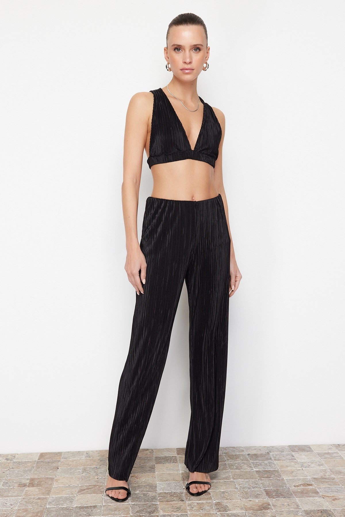 Black Pleated Wide Leg/wide Leg Lined Stretch Knit Pants Twoss24pl00033