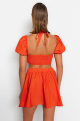 Orange Woven Cut Out/window Blouse Skirt Set Tbess23au00180