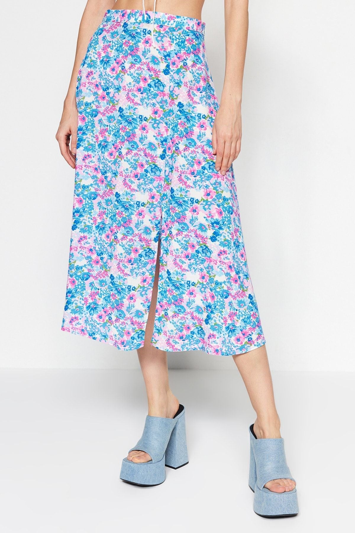 Tile Slit Detailed Floral Pattern Viscose Fabric Midi Woven Skirt Twoss20et0230