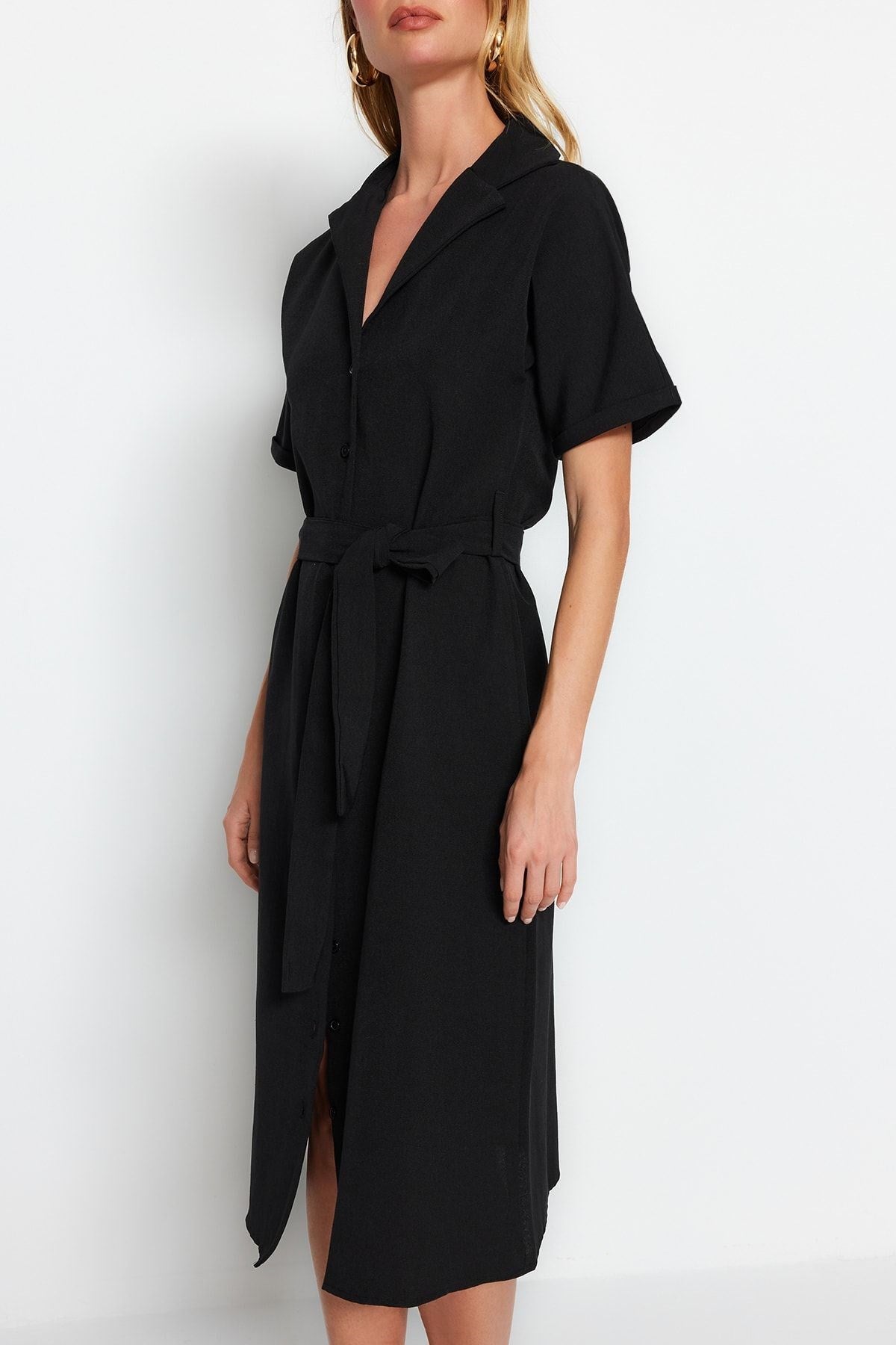 Black Belted Midi Linen Look Woven Shirt Dress Twoss23el02400