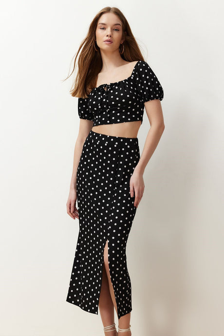 Black Polka Dot Carmen Collar Ribbed Stretchy Knitted Bottom Top Suit Twoss24au00029