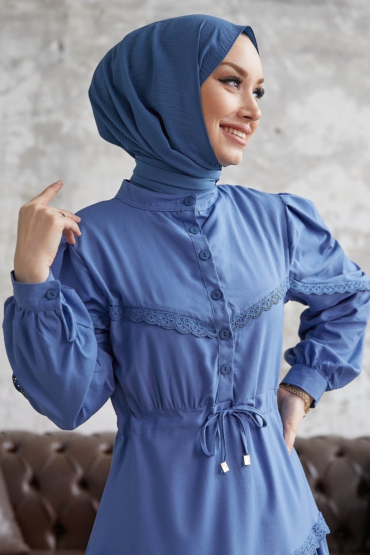 Guipure Detail Balloon Sleeve Burkini Dress - Mink Ms00an7095