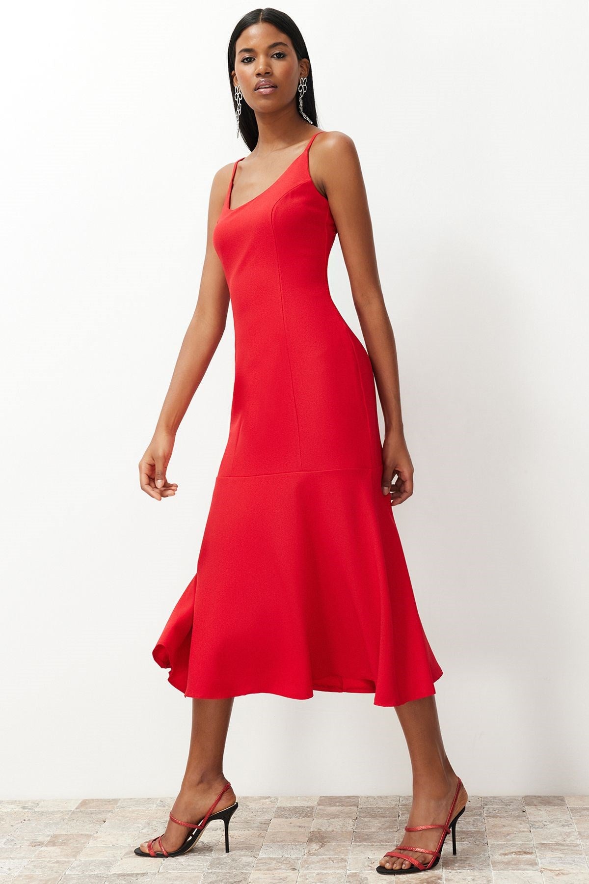 Red Body-fitting Strappy Woven Dress Tprss24el00157