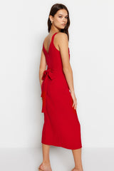 Red Belted Body-fitting Slit Detailed Midi Woven Dress Twoss23el02262