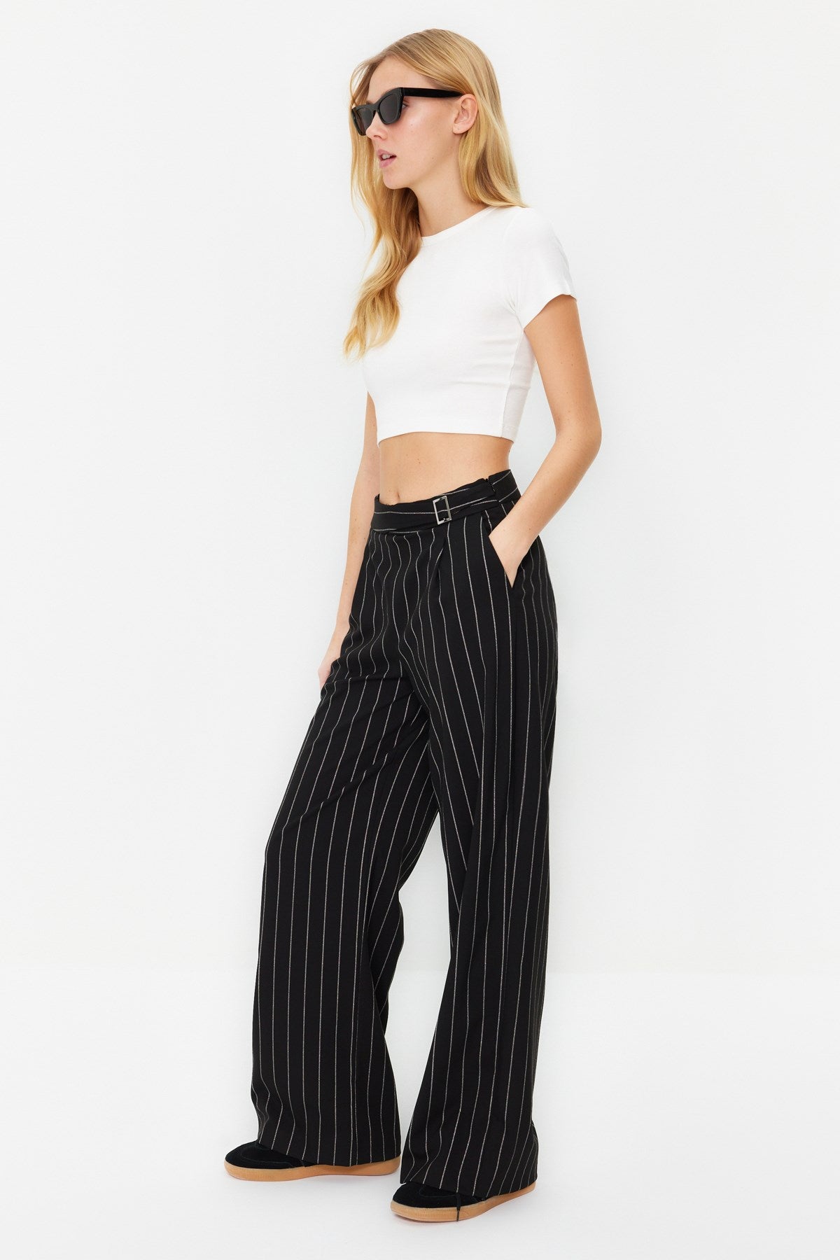 Grey Wide Leg/wide Leg Sim Detailed Woven Striped Pants Twoss23pl00223