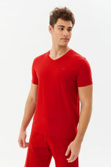 Men's Red V Neck 100% Cotton Short Sleeve Slim Fit Solid Color Casual Sports T-shirt 8898 Tb20ml07s8