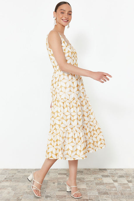 Yellow V-neck Midi Woven Floral Embroidery Dress Twoss24el00796