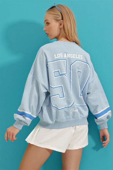 Women's Sky Blue Crew Neck Dodgers Printed Sleeve Striped Sweatshirt Alc-x8960