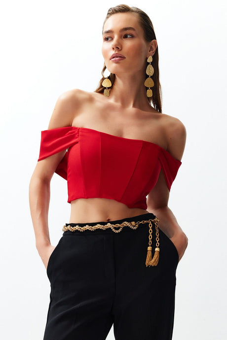 Red Carmen Collar Crop Woven Bustier Tprss24bs00019