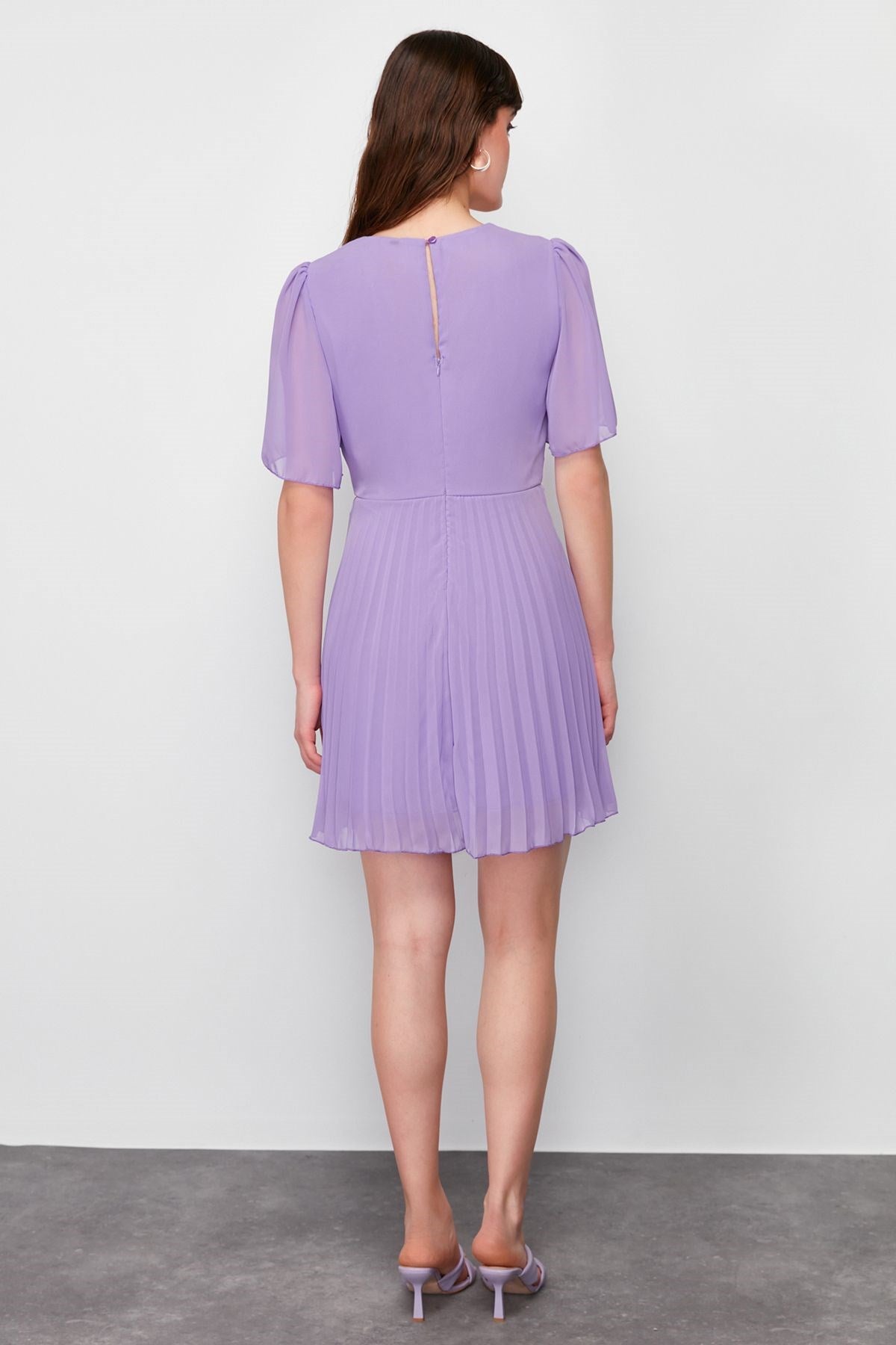 Purple Skirt Pleated Lined Chiffon Mini Woven Dress Twoss24el00716