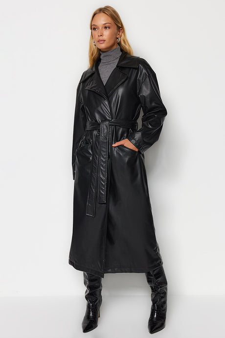 Black Oversize Wide Cut Belted Faux Leather Trench Coat Twoaw23tr00016