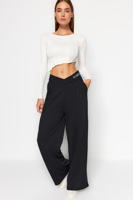 Black Print Detailed Wide Leg/casual Cut Asymmetrical Waist Knit Pants Twoaw23pl00389