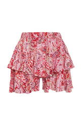 Red Shawl Pattern Ruffled Waist Rubber Detailed Viscose Woven Shorts Twoss24sr00053