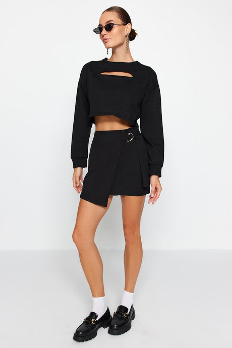 Black Buckle Detailed Double Breasted Mini Woven Skirt Twoaw24et00258