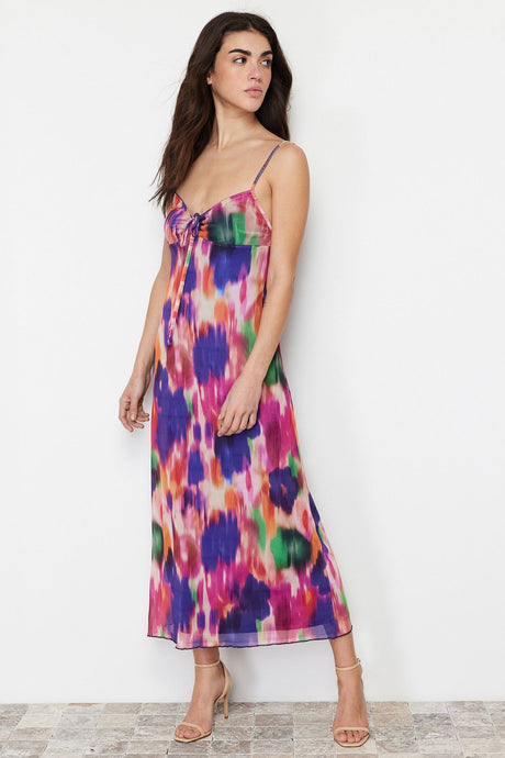 Blue Floral Printed Maxi Size Heart Neckline Twoss24el00272