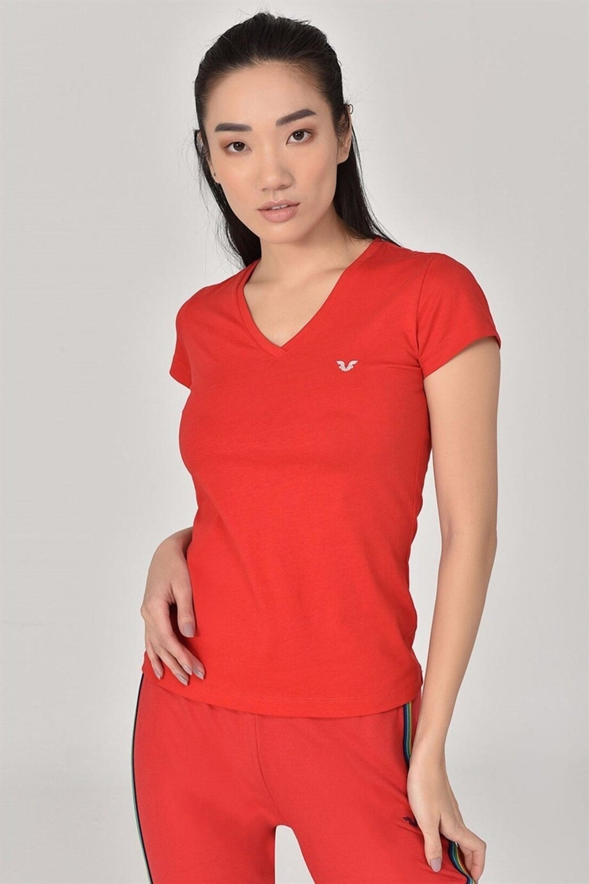 Red Women's V Neck Short Sleeve 100% Cotton Basic Solid Color Short Sleeve Casual Sports T-shirt 808