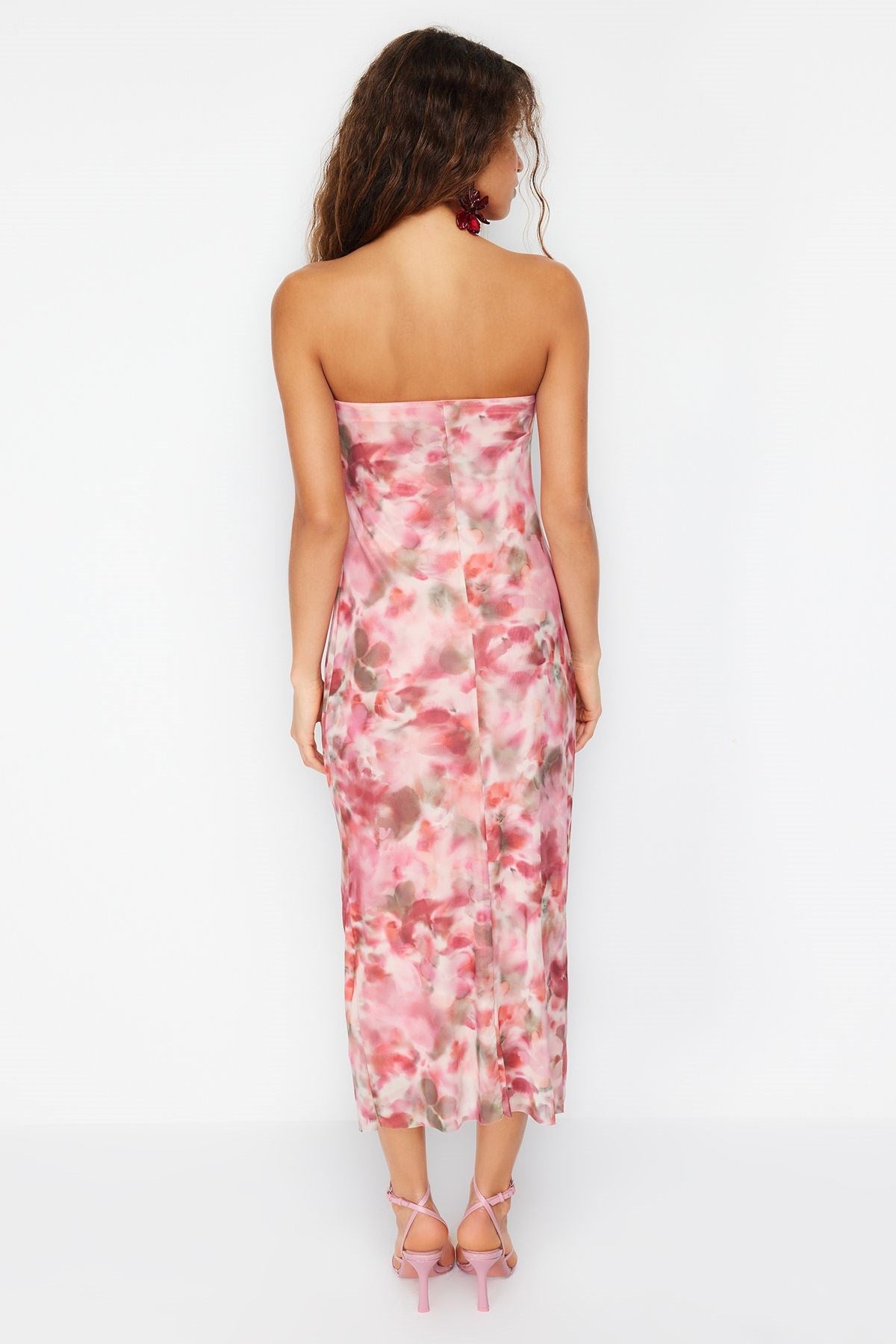 Pink Ruffle/drape Detailed Abstract Patterned Body Fit Maxi Flexible Knitted Pencil Dress Twoss24el0