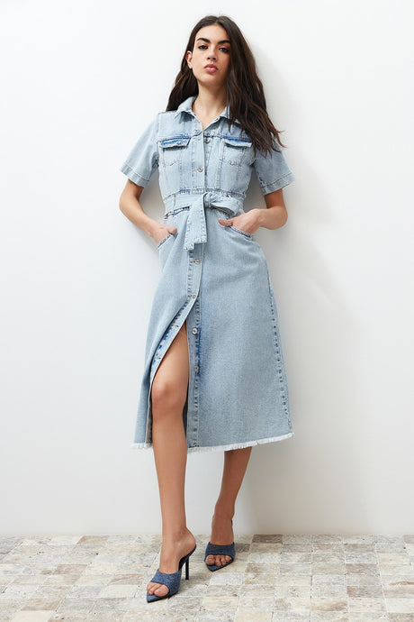 Blue Belted Maxi Denim Dress Twoss24el00377