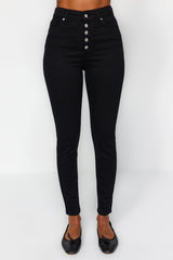 Faded Black Front Button High Waist Skinny Jeans Twoaw24je00090