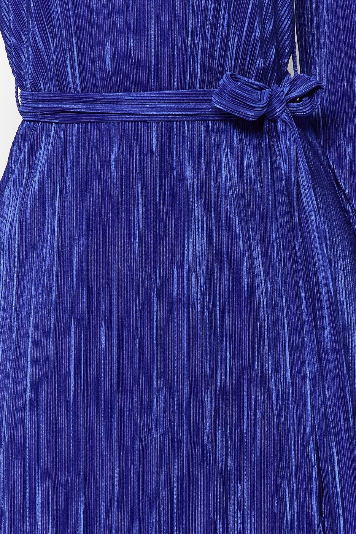 Navy Blue Premium Pleated Fabric Flare Sleeve Detailed A-line Midi Knit Dress Twoaw24el00125