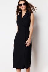 Black Body Wrap Button Detailed Double Neck Sleeveless Midi Woven Dress Twoss24el00616