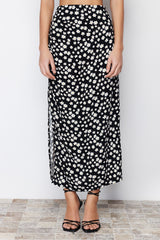 Black Daisy Print Slit Viscose Fabric Midi Woven Skirt Twoss24et00108