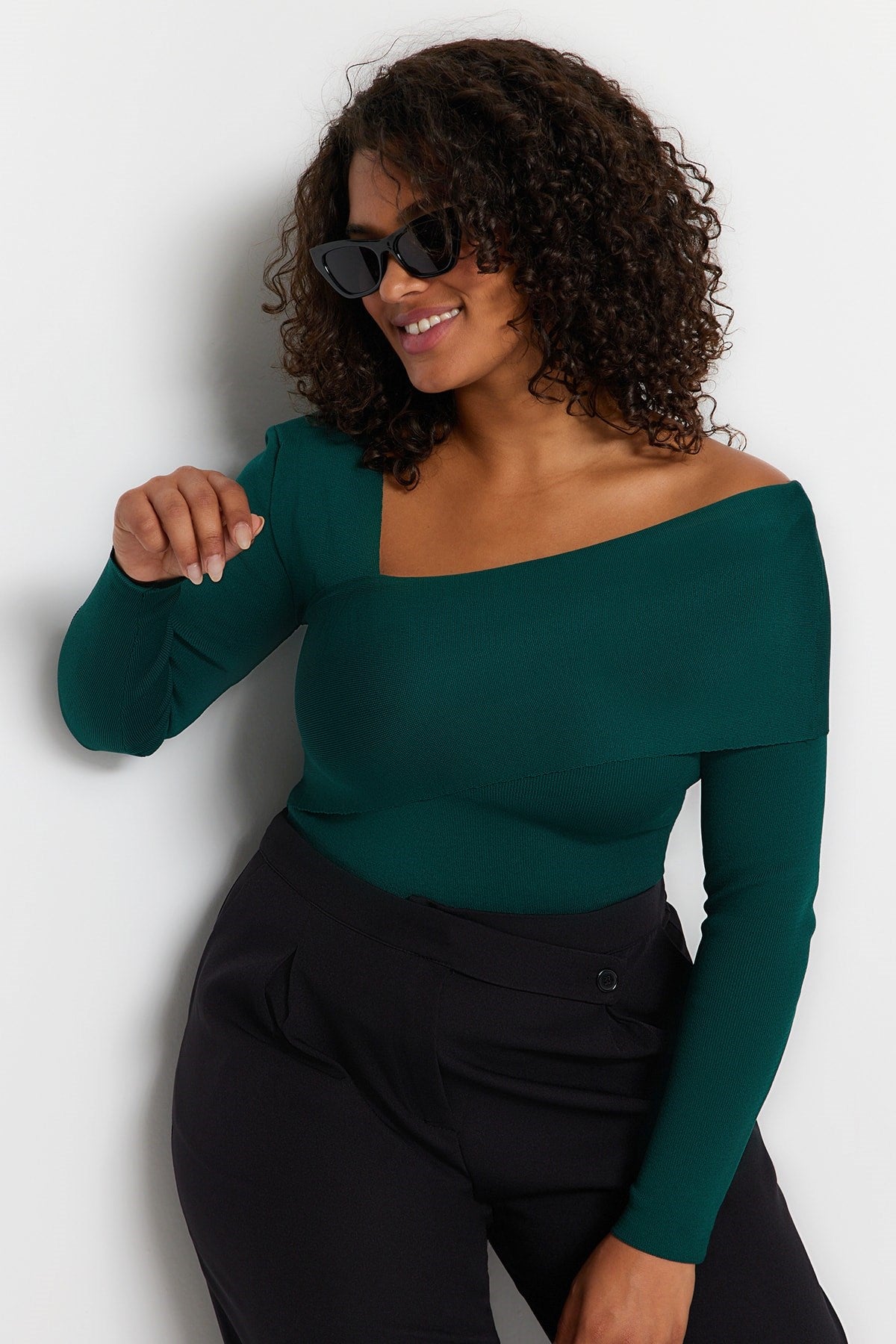 Emerald Green Asymmetric Collar Knitwear Sweater Tbbaw24an00018