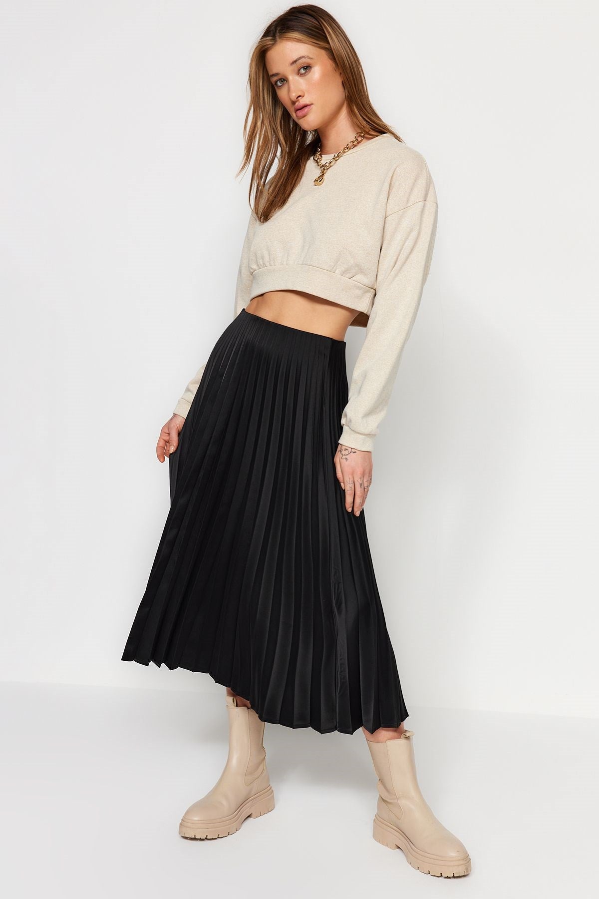 Black Pleated Satin Midi Woven Skirt Twoaw24et00359