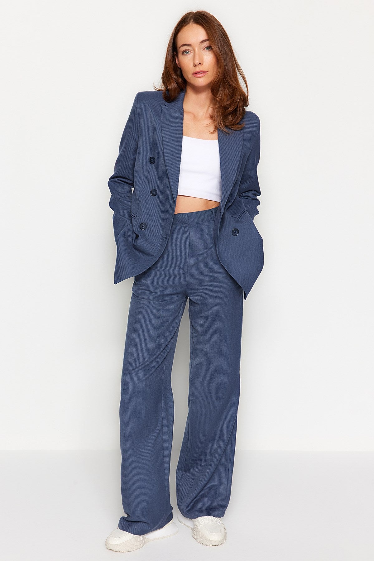 Blue Woven Blazer Jacket And Straight Straight Cut Pants Bottom-top Suit Twoaw24au00138