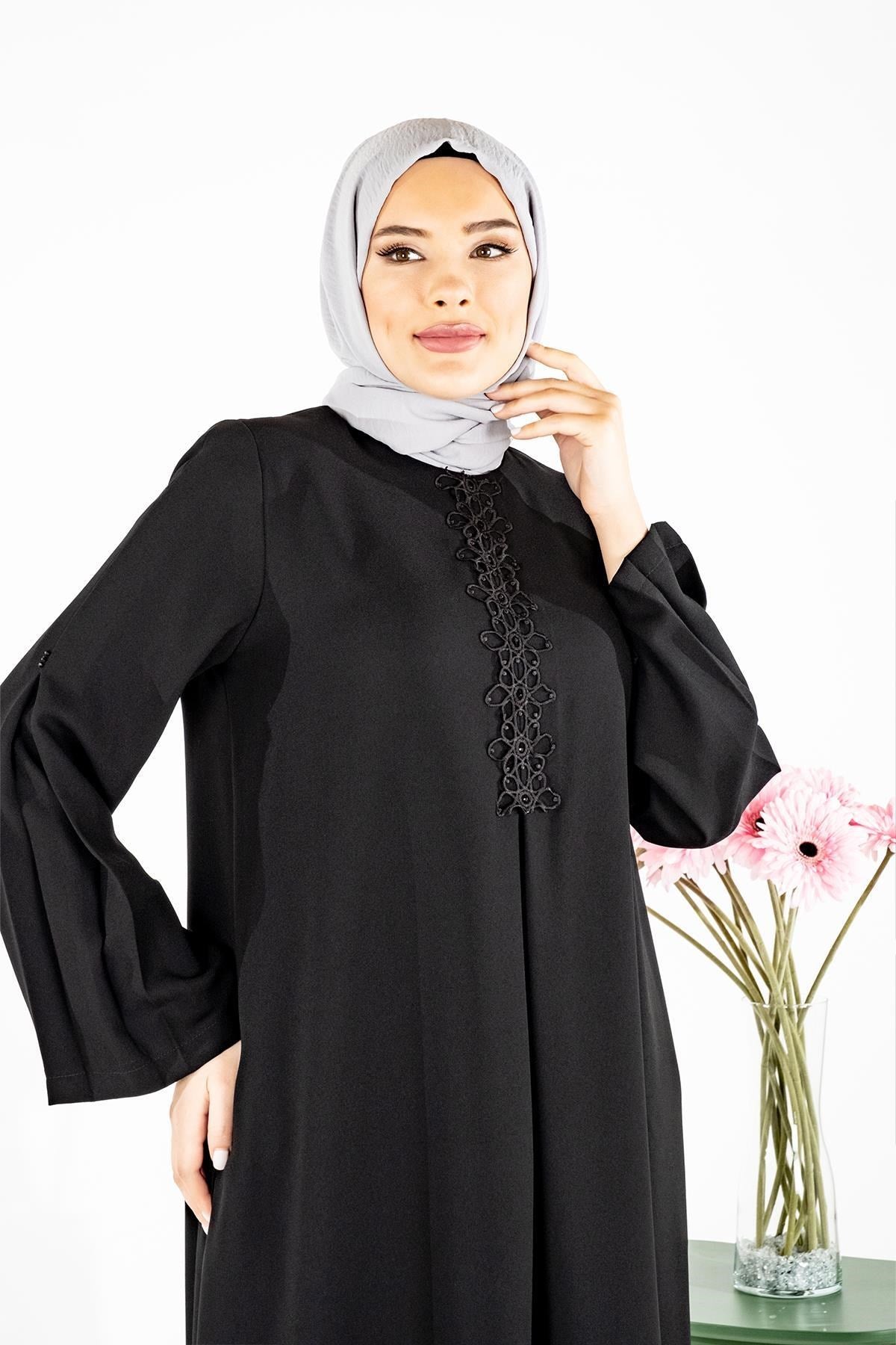 Century A Pleated Front Lace And Bead Detailed Black Hijab Dress 5449 T23el3m5456