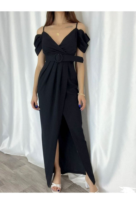 Black Crepe Fabric Double-breasted Neckline Slit Detailed Bust Neckline Evening Dress And Graduation