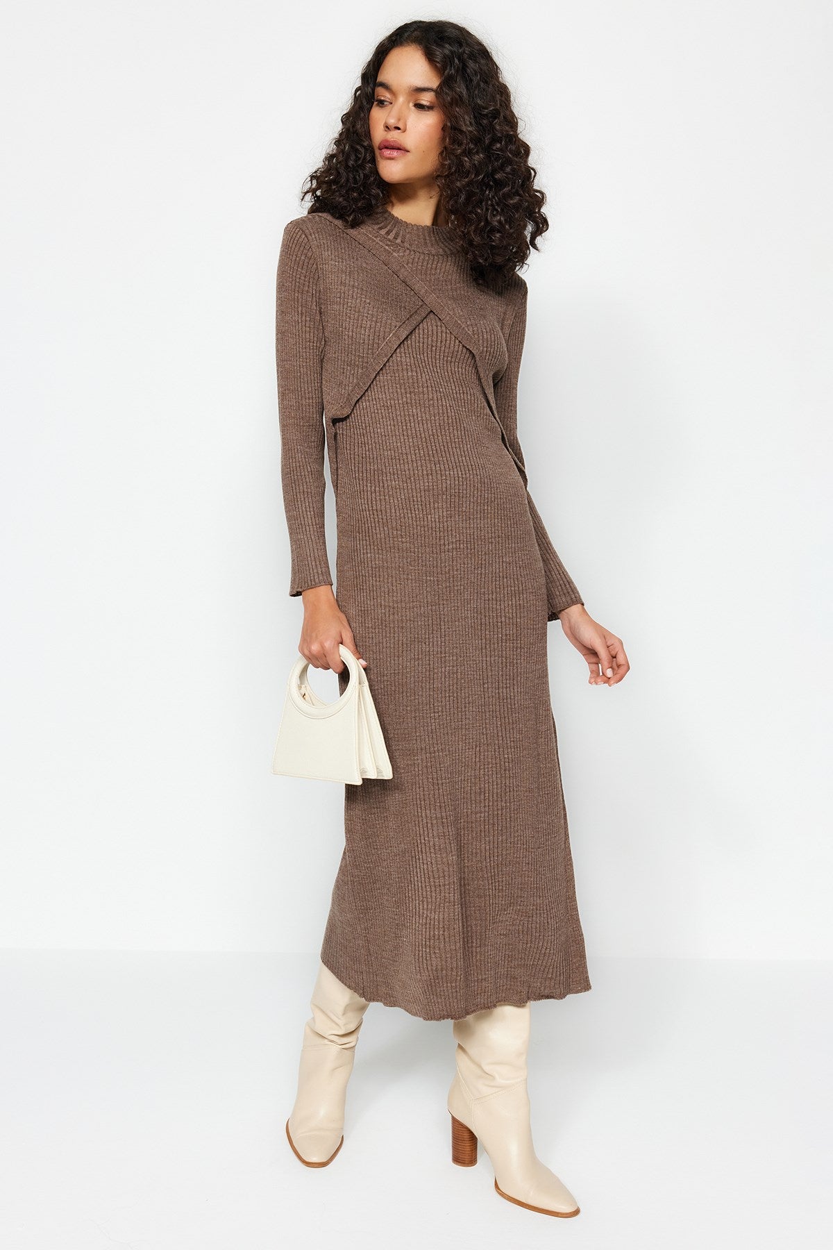 Black Double Neck Stitching Detailed Knitwear Dress Tctaw24eb00011