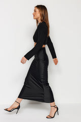 Black Fish Cut Satin Maxi Length Woven Skirt Twoaw24et00358