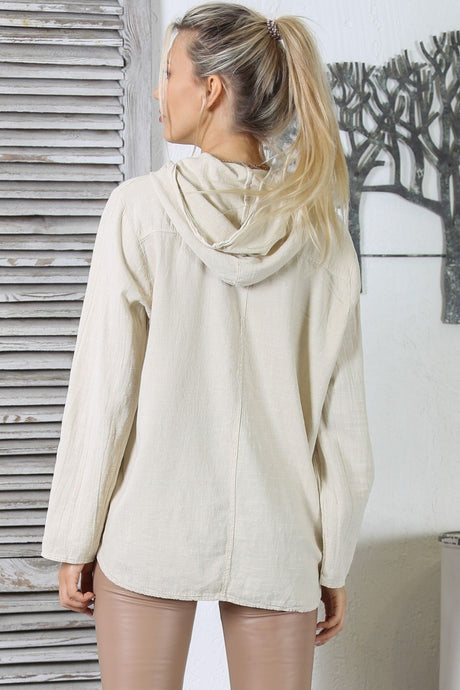 Grey Hooded Long Sleeve Buttoned Kangaroo Pocket Woven Wide Cut Blouse M10010200bl92584