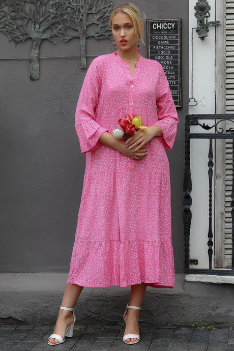 Women's Pink Italian Half Patched Buttoned Ruffle Sleeve Crispy Pattern Oversize Long Dress M1016000