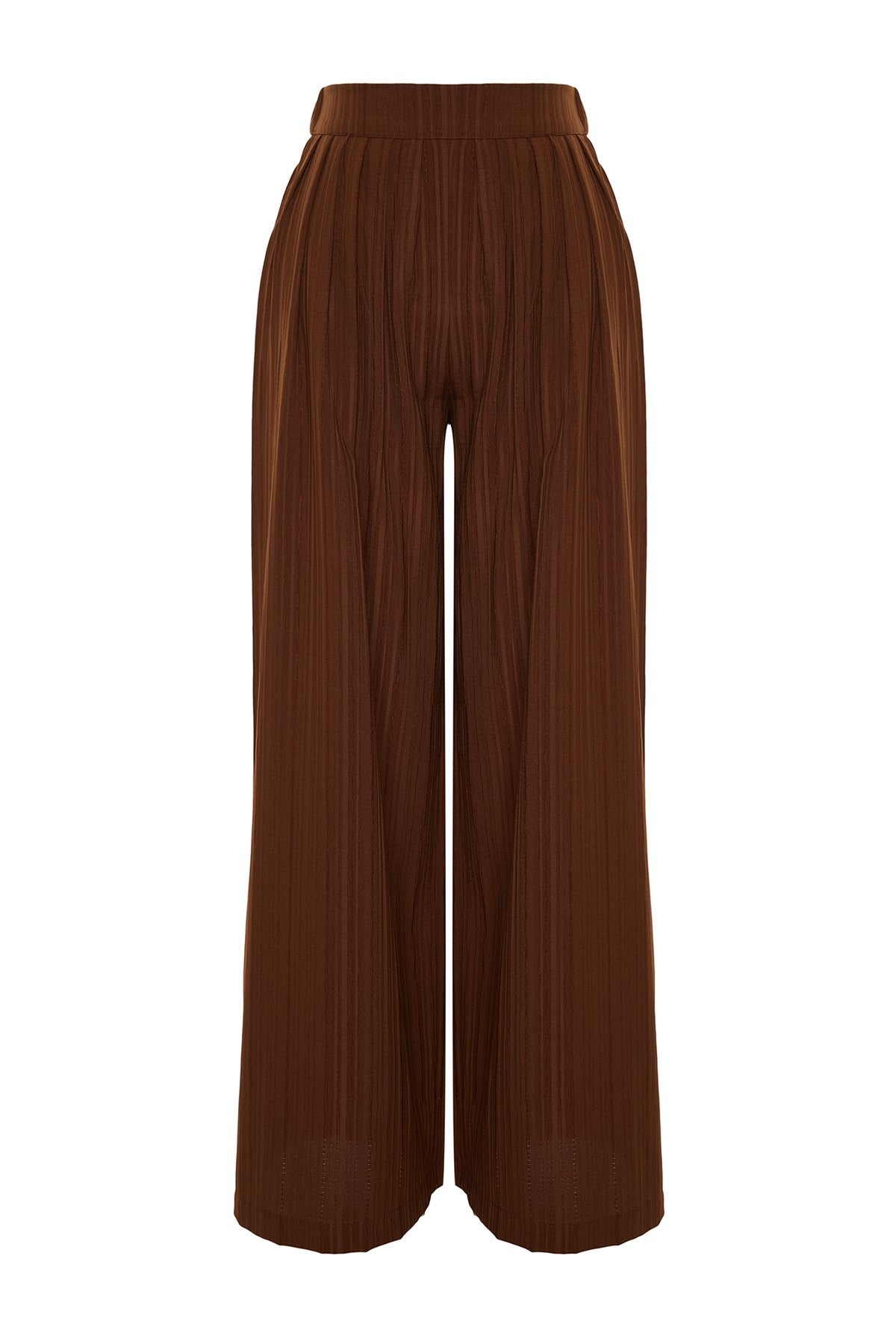 Pleated Detailed Wide Leg/wide Leg Dark Brown Textured Fabric Woven Pants Twoss24pl00057