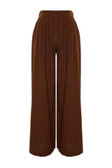 Pleated Detailed Wide Leg/wide Leg Dark Brown Textured Fabric Woven Pants Twoss24pl00057