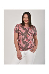 Leaf And Flower Printed Oil Wash T-shirt Light Pink Pra-493228-977244