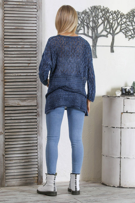 Lemon Mold V Neck Long Sleeve Tie Wash Openwork Jacquard Knitwear Long Fit Blouse M10010200bl92607