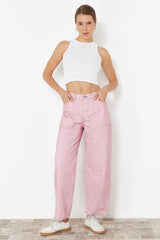 Pink Striped High Waist Barrel Jeans Twoss24je00287