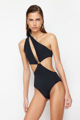 Black One Shoulder Accessorized Regular Swimsuit Tbess24my00008